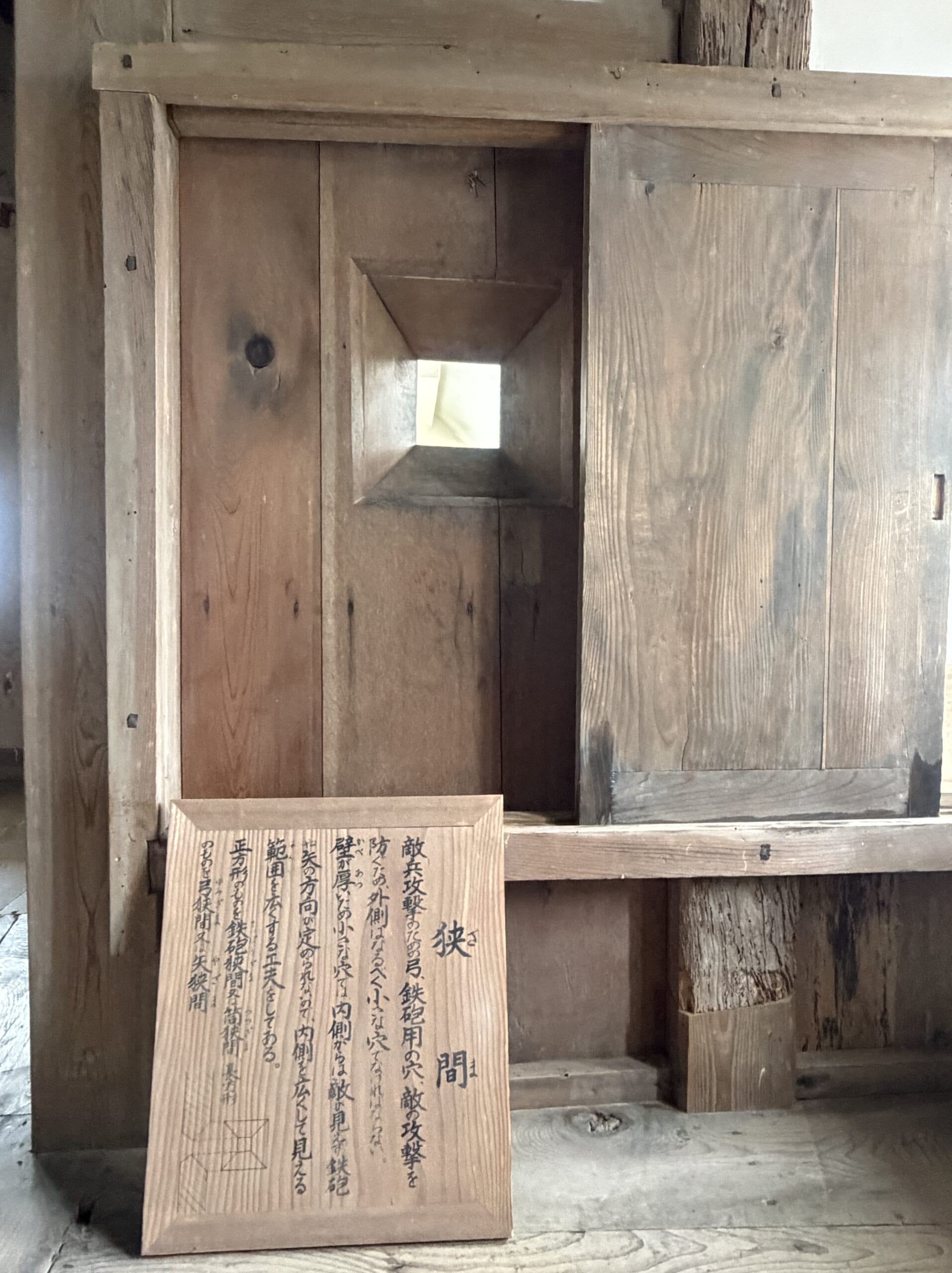 天守内部の狭間と説明板