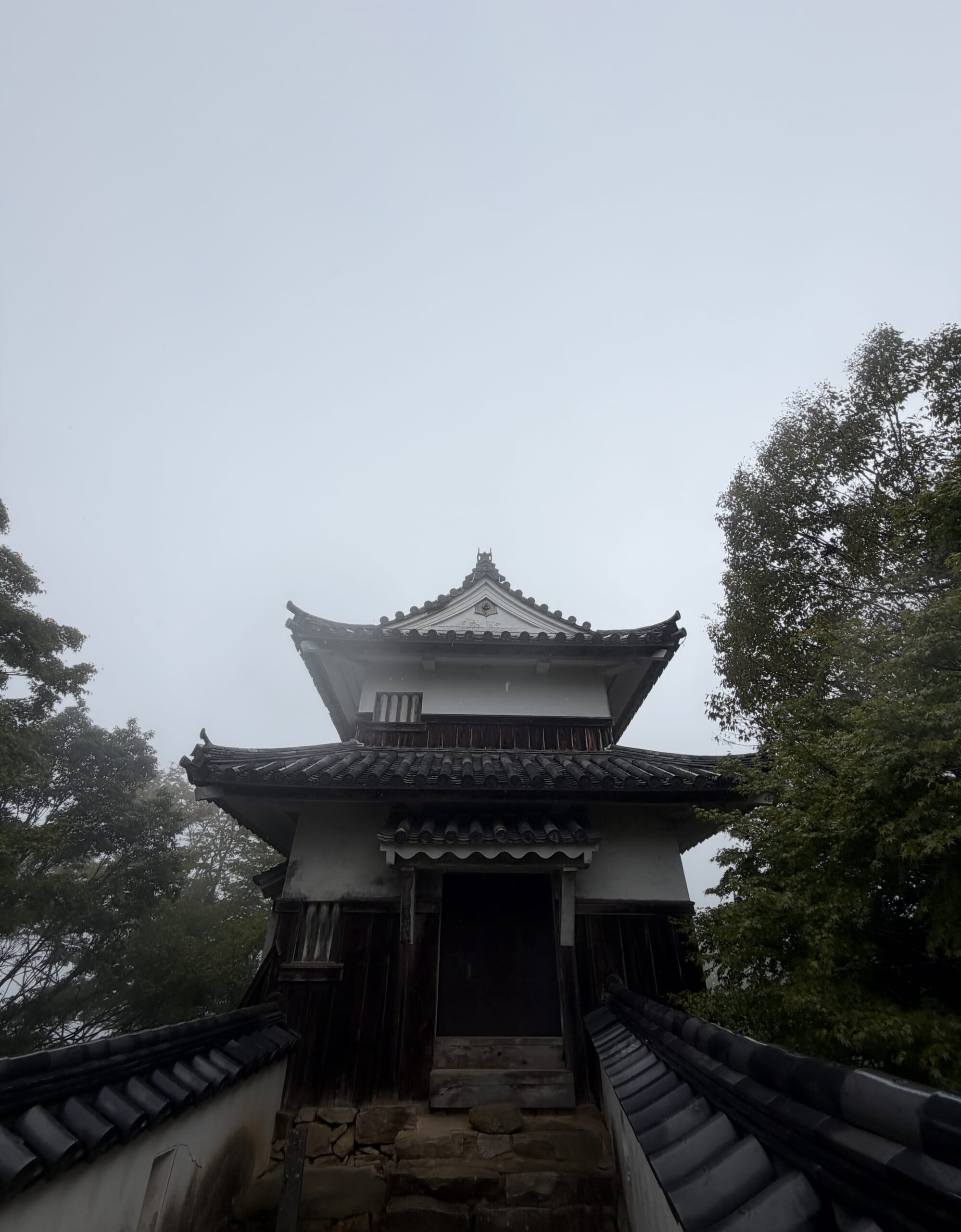白壁の間から見上げた二重櫓