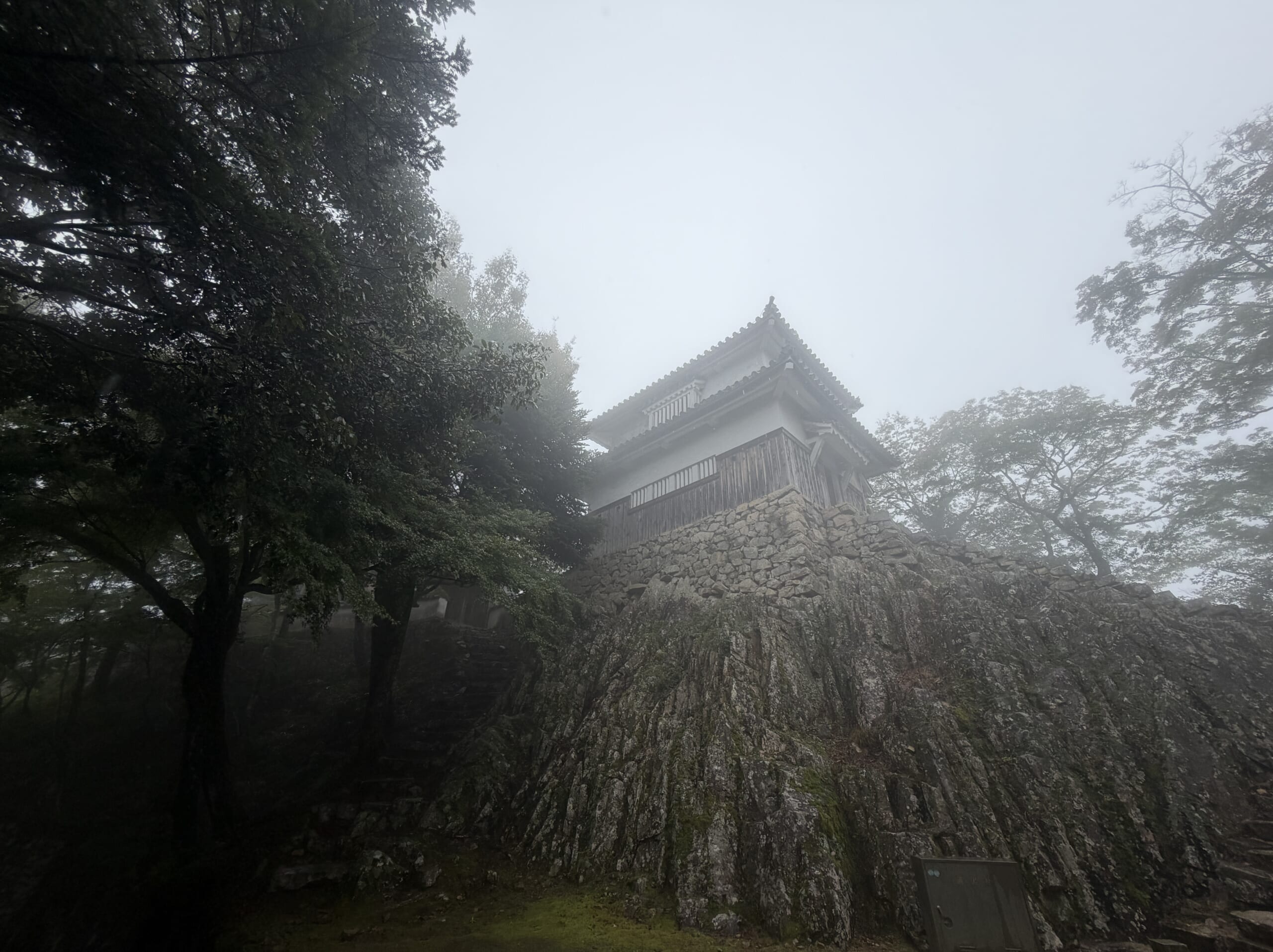 霧と木々に包まれた二重櫓と岩盤