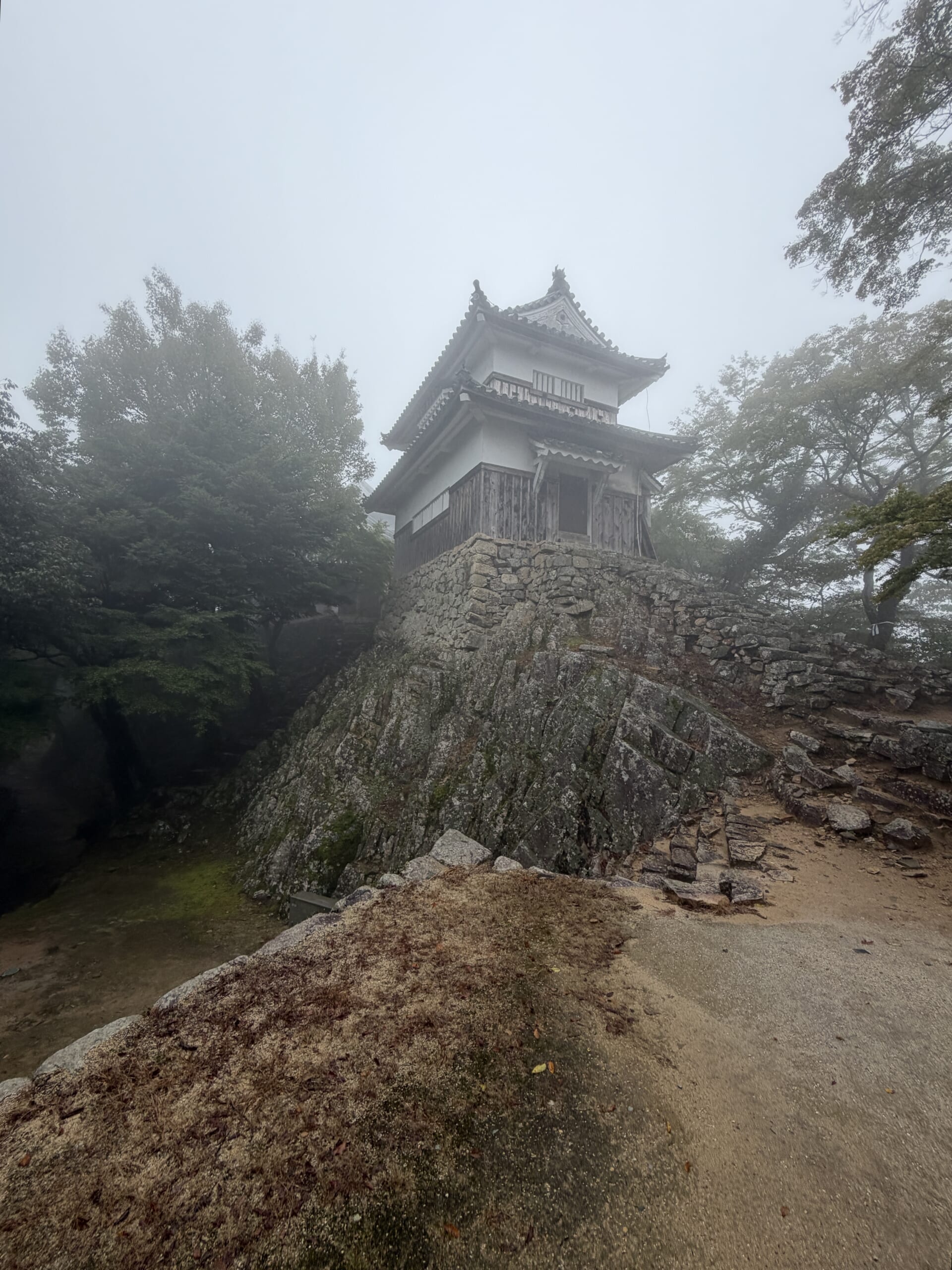 霧の中、岩盤の上に立つ二重櫓